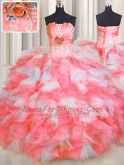 Floor Length Pink And White Sweet 16 Dresses Organza Sleeveless Beading and Ruffles and Hand Made Flower