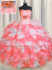 Floor Length Pink And White Sweet 16 Dresses Organza Sleeveless Beading and Ruffles and Hand Made Flower
