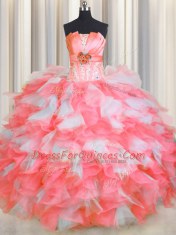 Floor Length Pink And White Sweet 16 Dresses Organza Sleeveless Beading and Ruffles and Hand Made Flower
