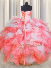 Floor Length Pink And White Sweet 16 Dresses Organza Sleeveless Beading and Ruffles and Hand Made Flower