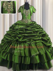 Glittering Green Ball Gown Prom Dress Military Ball and Sweet 16 and Quinceanera and For with Beading and Appliques and Pick Ups Sweetheart Sleeveless Brush Train Lace Up