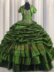 Glittering Green Ball Gown Prom Dress Military Ball and Sweet 16 and Quinceanera and For with Beading and Appliques and Pick Ups Sweetheart Sleeveless Brush Train Lace Up
