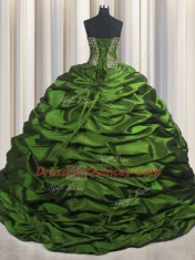 Glittering Green Ball Gown Prom Dress Military Ball and Sweet 16 and Quinceanera and For with Beading and Appliques and Pick Ups Sweetheart Sleeveless Brush Train Lace Up