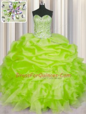 Dynamic Pick Ups Floor Length Ball Gowns Sleeveless Yellow Green Quinceanera Gown Lace Up