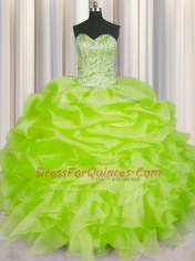 Dynamic Pick Ups Floor Length Ball Gowns Sleeveless Yellow Green Quinceanera Gown Lace Up