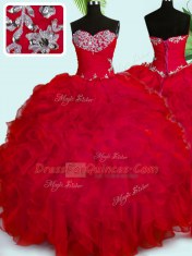 Red Ball Gowns Organza Sweetheart Sleeveless Beading and Ruffles Floor Length Lace Up 15th Birthday Dress
