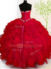 Red Ball Gowns Organza Sweetheart Sleeveless Beading and Ruffles Floor Length Lace Up 15th Birthday Dress