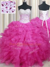 Organza Halter Top Sleeveless Lace Up Beading and Ruffles 15th Birthday Dress in Hot Pink