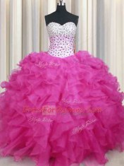 Organza Halter Top Sleeveless Lace Up Beading and Ruffles 15th Birthday Dress in Hot Pink