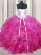 Organza Halter Top Sleeveless Lace Up Beading and Ruffles 15th Birthday Dress in Hot Pink