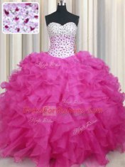 Organza Halter Top Sleeveless Lace Up Beading and Ruffles 15th Birthday Dress in Hot Pink