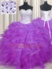 Shining Lilac Sleeveless Floor Length Beading and Ruffles Lace Up Quinceanera Dress