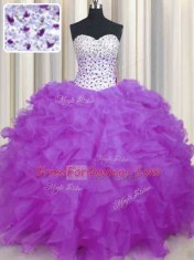 Shining Lilac Sleeveless Floor Length Beading and Ruffles Lace Up Quinceanera Dress