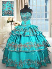 Simple Aqua Blue Ball Gowns Embroidery and Ruffled Layers Quince Ball Gowns Lace Up Taffeta Sleeveless Floor Length