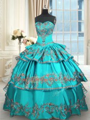 Simple Aqua Blue Ball Gowns Embroidery and Ruffled Layers Quince Ball Gowns Lace Up Taffeta Sleeveless Floor Length