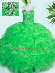 Green Ball Gowns Beading and Ruffles Quinceanera Dresses Lace Up Organza Sleeveless Floor Length