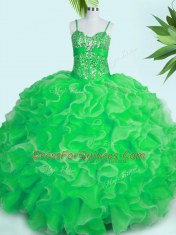 Green Ball Gowns Beading and Ruffles Quinceanera Dresses Lace Up Organza Sleeveless Floor Length