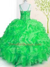 Green Ball Gowns Beading and Ruffles Quinceanera Dresses Lace Up Organza Sleeveless Floor Length