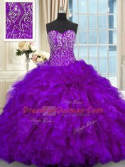 Purple Quinceanera Dresses Military Ball and Sweet 16 and Quinceanera and For with Beading and Ruffles Sweetheart Sleeveless Brush Train Lace Up