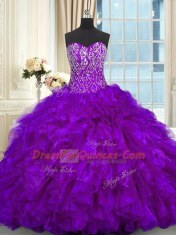 Purple Quinceanera Dresses Military Ball and Sweet 16 and Quinceanera and For with Beading and Ruffles Sweetheart Sleeveless Brush Train Lace Up