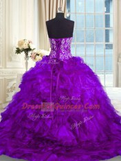 Purple Quinceanera Dresses Military Ball and Sweet 16 and Quinceanera and For with Beading and Ruffles Sweetheart Sleeveless Brush Train Lace Up