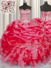 Glamorous Coral Red Ball Gowns Organza Sweetheart Sleeveless Beading and Ruffles and Pick Ups Floor Length Lace Up Sweet 16 Quinceanera Dress