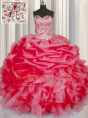 Glamorous Coral Red Ball Gowns Organza Sweetheart Sleeveless Beading and Ruffles and Pick Ups Floor Length Lace Up Sweet 16 Quinceanera Dress
