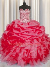 Glamorous Coral Red Ball Gowns Organza Sweetheart Sleeveless Beading and Ruffles and Pick Ups Floor Length Lace Up Sweet 16 Quinceanera Dress