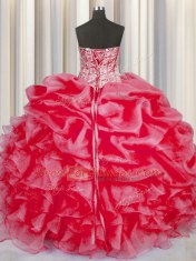 Glamorous Coral Red Ball Gowns Organza Sweetheart Sleeveless Beading and Ruffles and Pick Ups Floor Length Lace Up Sweet 16 Quinceanera Dress