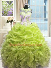 Ball Gowns Quinceanera Gowns Yellow Green Scoop Organza Sleeveless Floor Length Zipper