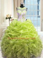 Ball Gowns Quinceanera Gowns Yellow Green Scoop Organza Sleeveless Floor Length Zipper