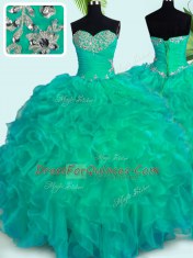 Cute Organza Sweetheart Sleeveless Lace Up Beading and Ruffles Sweet 16 Dress in Turquoise