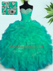 Cute Organza Sweetheart Sleeveless Lace Up Beading and Ruffles Sweet 16 Dress in Turquoise