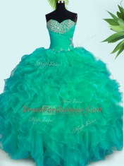Cute Organza Sweetheart Sleeveless Lace Up Beading and Ruffles Sweet 16 Dress in Turquoise