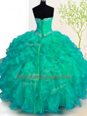 Cute Organza Sweetheart Sleeveless Lace Up Beading and Ruffles Sweet 16 Dress in Turquoise