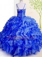 Spaghetti Straps Sleeveless Lace Up Vestidos de Quinceanera Blue Organza