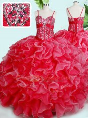Exceptional Sleeveless Floor Length Beading and Ruffles Lace Up Ball Gown Prom Dress with Red