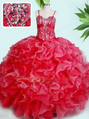 Exceptional Sleeveless Floor Length Beading and Ruffles Lace Up Ball Gown Prom Dress with Red