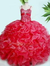 Exceptional Sleeveless Floor Length Beading and Ruffles Lace Up Ball Gown Prom Dress with Red