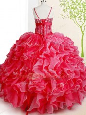 Exceptional Sleeveless Floor Length Beading and Ruffles Lace Up Ball Gown Prom Dress with Red