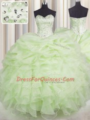Floor Length Lace Up Quinceanera Gowns Yellow Green for Military Ball and Sweet 16 and Quinceanera with Beading and Ruffles
