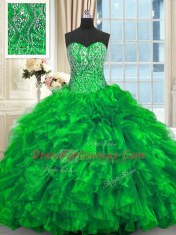 New Style Ball Gowns Sleeveless Green Quinceanera Dress Brush Train Lace Up