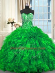 New Style Ball Gowns Sleeveless Green Quinceanera Dress Brush Train Lace Up