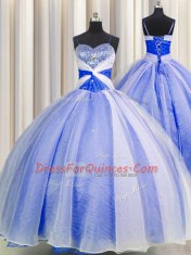 Latest Spaghetti Straps Blue And White Organza Lace Up Quinceanera Dresses Sleeveless Floor Length Beading and Sequins and Ruching