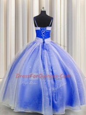 Latest Spaghetti Straps Blue And White Organza Lace Up Quinceanera Dresses Sleeveless Floor Length Beading and Sequins and Ruching