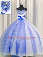 Latest Spaghetti Straps Blue And White Organza Lace Up Quinceanera Dresses Sleeveless Floor Length Beading and Sequins and Ruching