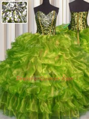 Sweetheart Sleeveless Sweet 16 Quinceanera Dress Floor Length Beading and Ruffles Olive Green Organza