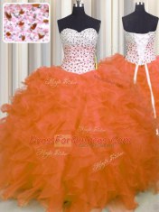 Trendy Orange Red Ball Gowns Sweetheart Sleeveless Organza Floor Length Lace Up Beading and Ruffles Sweet 16 Quinceanera Dress