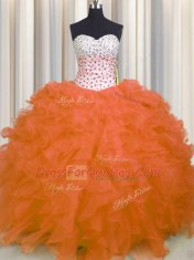 Trendy Orange Red Ball Gowns Sweetheart Sleeveless Organza Floor Length Lace Up Beading and Ruffles Sweet 16 Quinceanera Dress