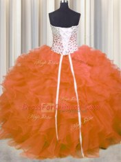Trendy Orange Red Ball Gowns Sweetheart Sleeveless Organza Floor Length Lace Up Beading and Ruffles Sweet 16 Quinceanera Dress